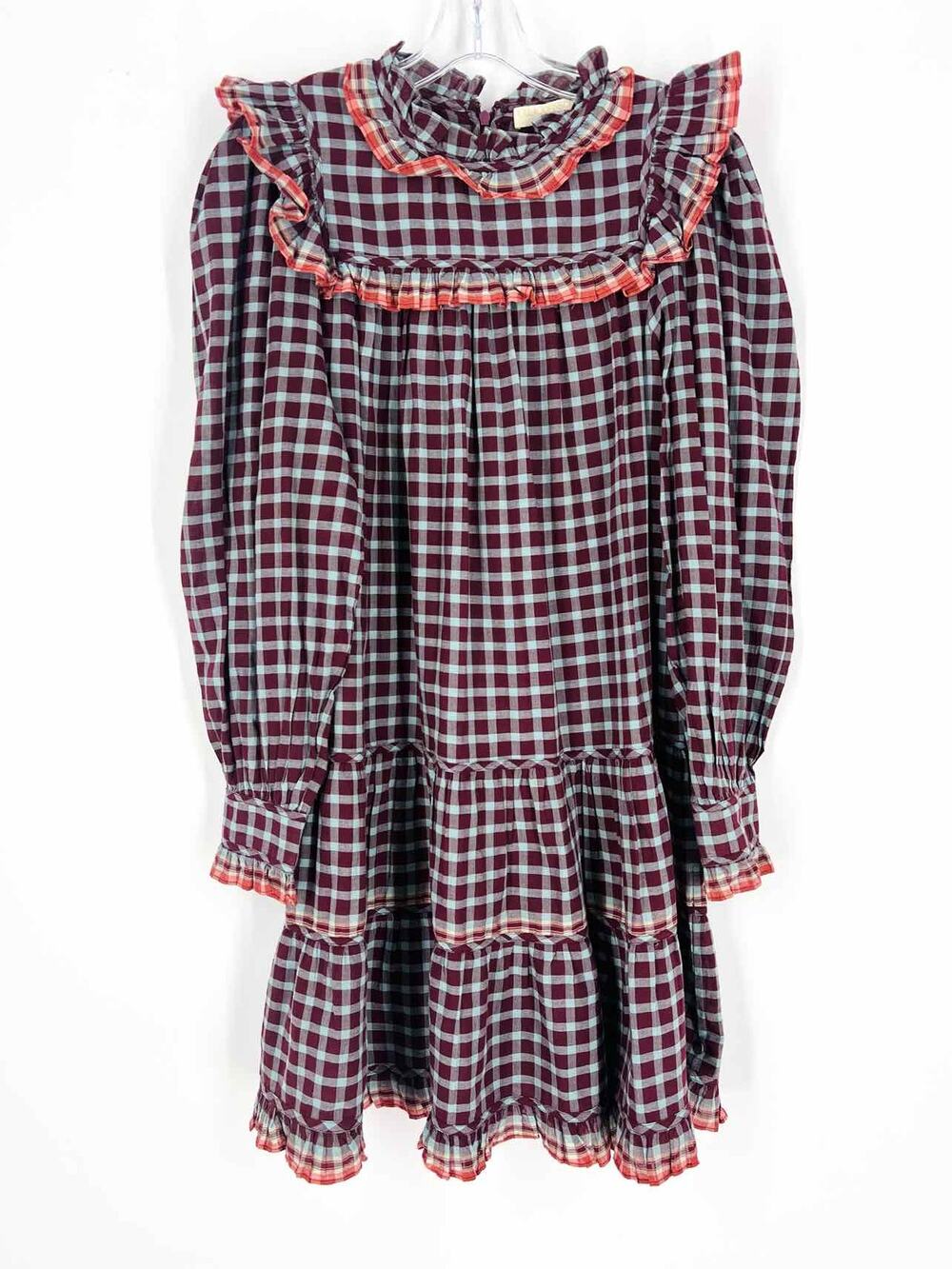 Ulla Johnson Size 6 Burgundy/Lt Blue Gingham Ruffle Designer Dress